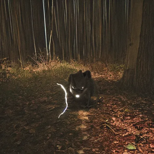 Prompt: midnight trail cam footage of a Sonic the Hedgehog in a dark forest, flash photo, grainy, motion blur