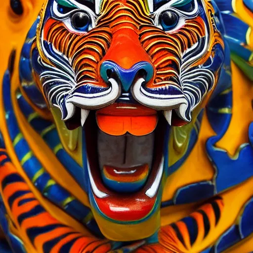 Prompt: breathtakingly cool beautiful complex stylised balinese carving ornate coloured sculpture tiger, extreme closeup, incredibly detailed, 8 k artstation