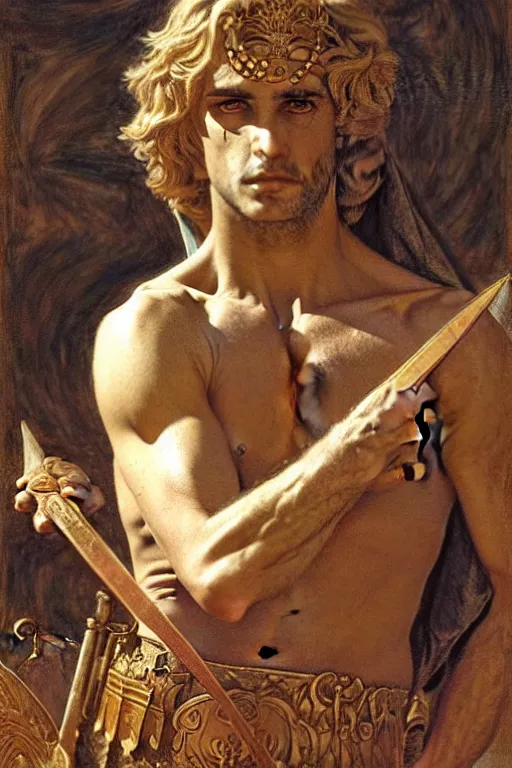 Image similar to an occult art portrait of alexander the great by wayne barlowe, gustav moreau, goward,  Gaston Bussiere and roberto ferri, santiago caruso, and austin osman spare