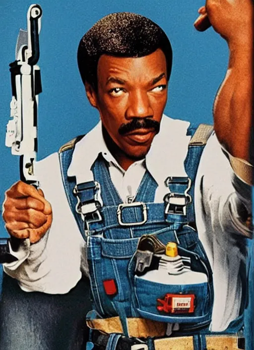 Image similar to an 8 0's john alvin action movie poster starring eddie murphy face as a plumber to rich people. bathroom. overalls. tool belt. the movie is called beverly hills crap