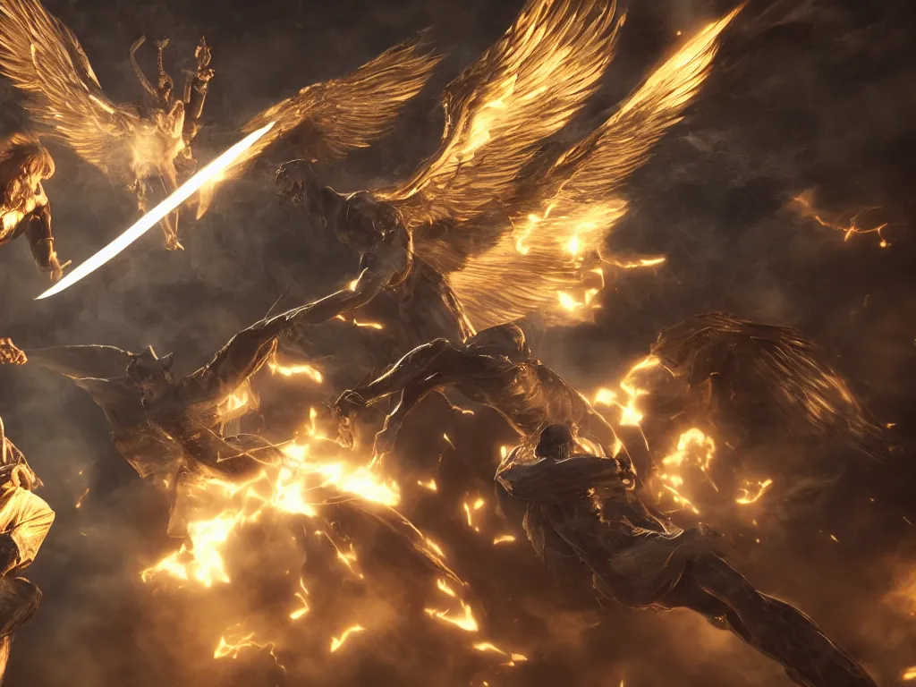 Prompt: lucifer fighting gabriel in a big showdown in heaven, lighting swords, raytracing, close up shot, 4 k