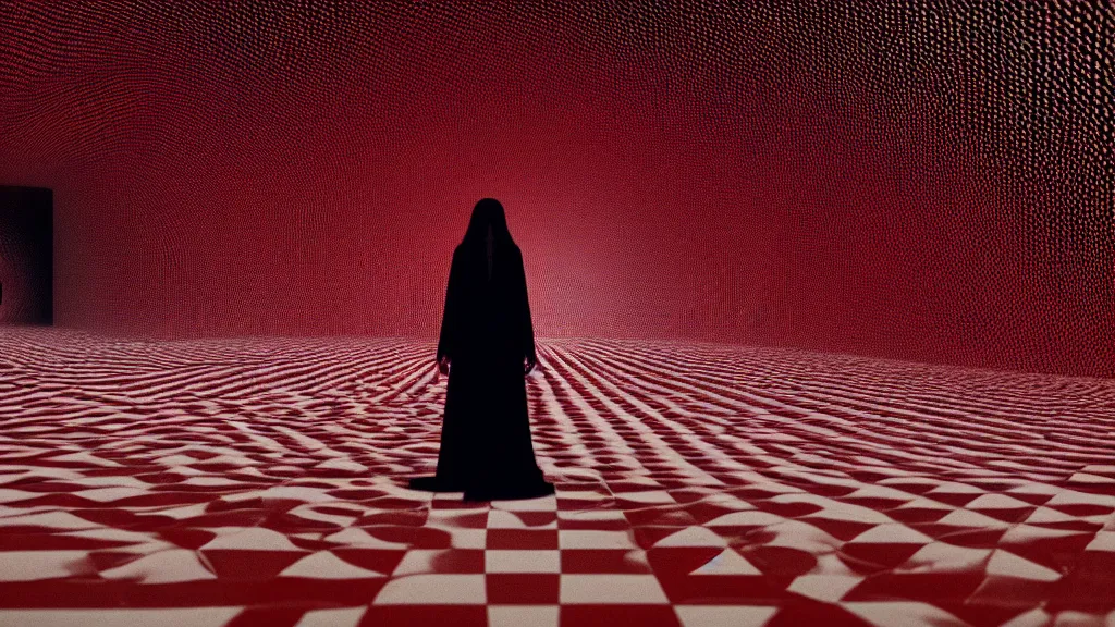 Image similar to a warped tunnel of irregular red and black checkerboard pattern drowns a woman in a white gown, 4k film still from the movie directed by Denis Villeneuve with art direction by Zdzisław Beksiński, wide lens