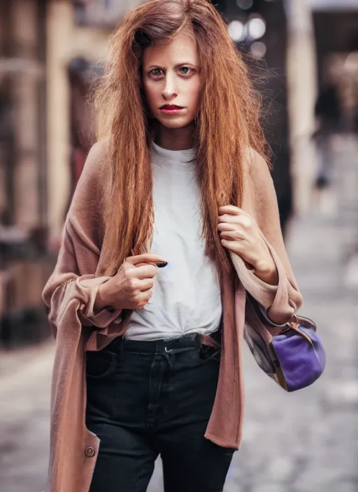 Image similar to color realistic portrait of a beautiful, stylish, 30-year-old French woman in the street, with long, straight hair, street portrait in the style of Mario Testino