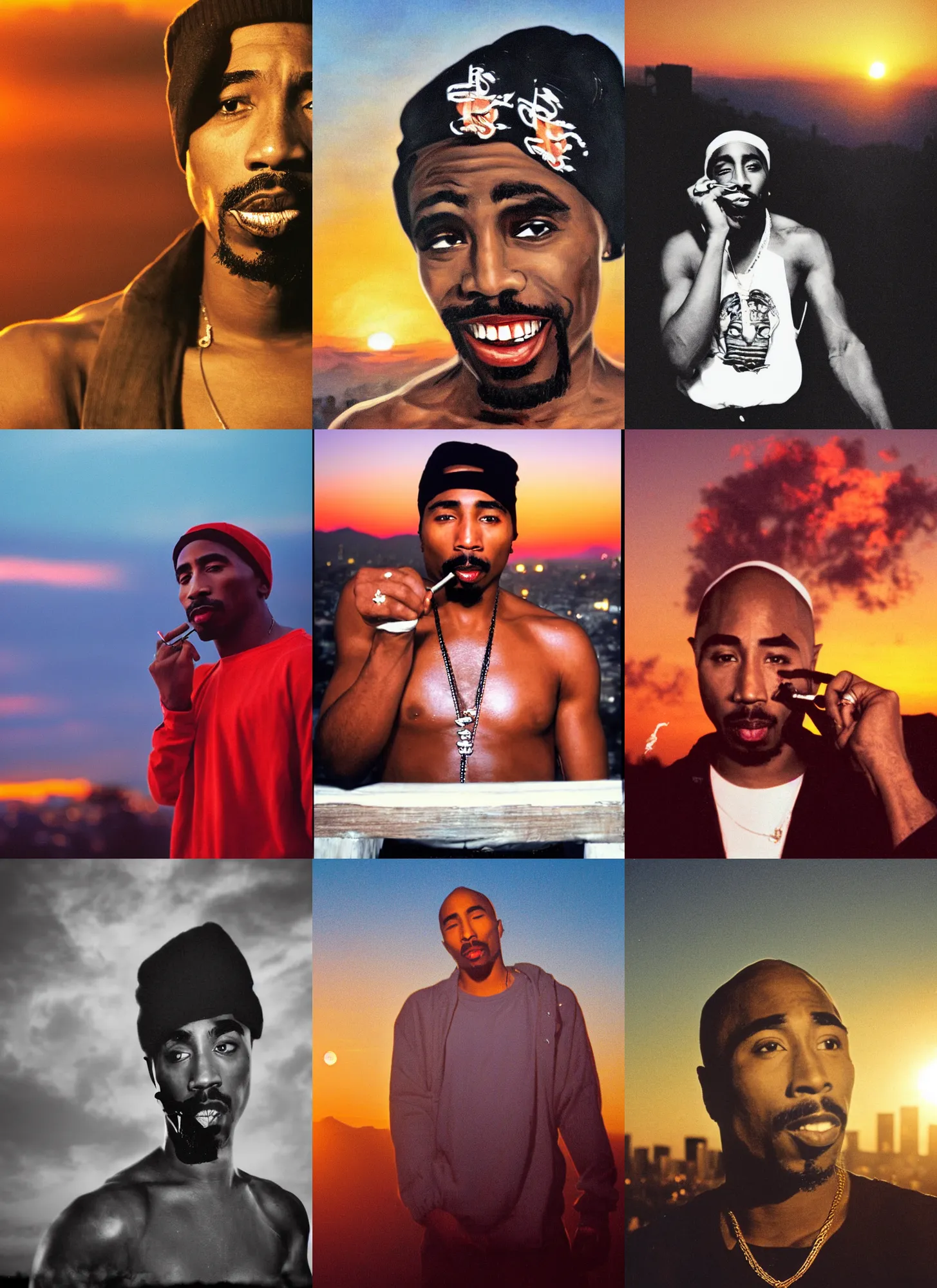 Prompt: 2Pac Happily smoking, Los Angeles background, sunset, beautiful photograph, portrait
