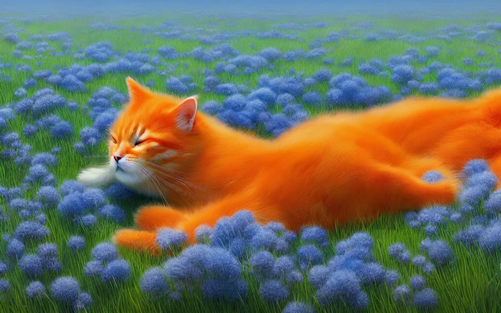 Image similar to fluffy orange cat sleeping in a field of blue flowers, matte painting, digital illustration, concept art, by makoto shinkai and ruan jia