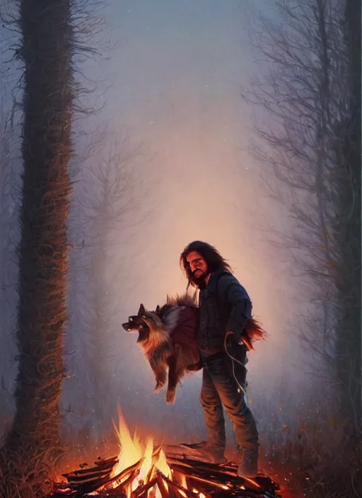 Image similar to highly detailed portrait of long - haired hillbilly around a bonfire with his fluffy australian shepherd, stephen bliss, art by greg rutkowski, loish, rhads, ferdinand knab, makoto shinkai and lois van baarle, artgerm, pixar, ilya kuvshinov, rossdraws, tom bagshaw, global illumination