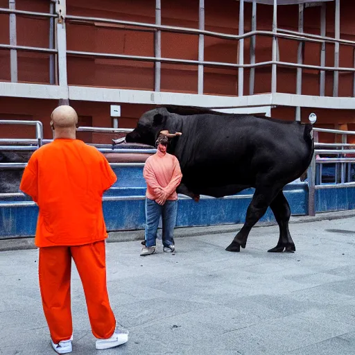 Image similar to bull in a bullring wearing orange inmate clothes