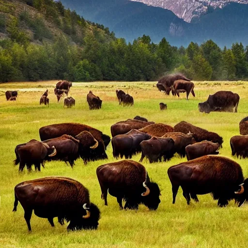 Prompt: a herd of bison with a sci - fi containment building in the distance in a grassy valley with a river, national geographic, hyper realistic, 4 k, harsh light, majestic, wide shot, a sense of hope