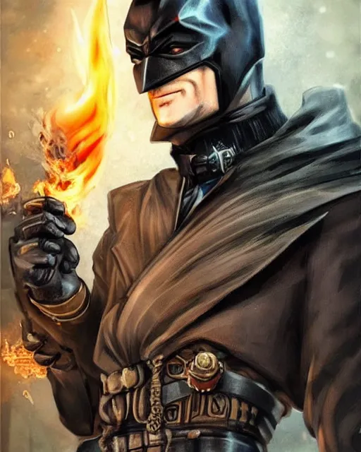 Prompt: steampunk batman with fire and ice magic coming out from his hands in a dystopian environment, full body view, highly detailed, amazing digital art, artstation, sharp focus