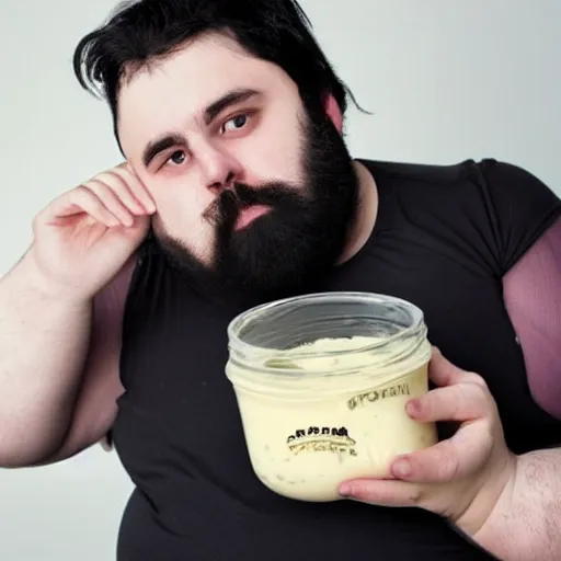 Image similar to obese 20 year old with messy black hair and big beard drinking mayonnaise from the jar