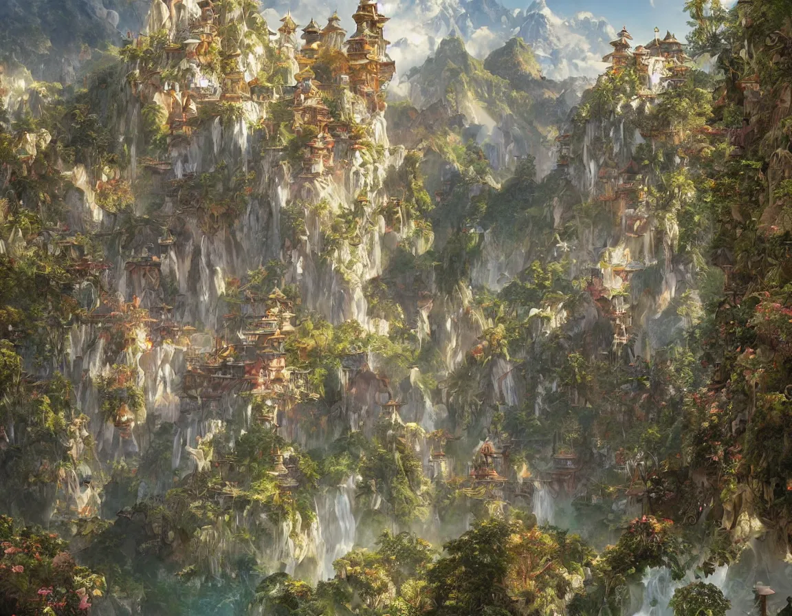 Image similar to ultra realistic illustration of magical land of shangri - la, hd, hdr, cinematic 8 k, ultra detailed, high resolution, smooth, sharp focus, illustration, art by artgerm and greg rutkowski and alphonse mucha