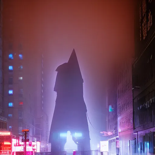 Prompt: pyramid head in a misty new York city lit by neon lights