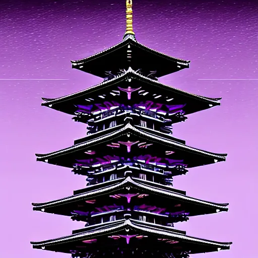 Image similar to Futuristic Pagoda Shrine in Tokyo megapolis in style of Tsutomu Nihei in purple and black tones. ArtStation, Cyberpunk, vertical symmetry, 8K, Highly Detailed, Intricate, Album Art.