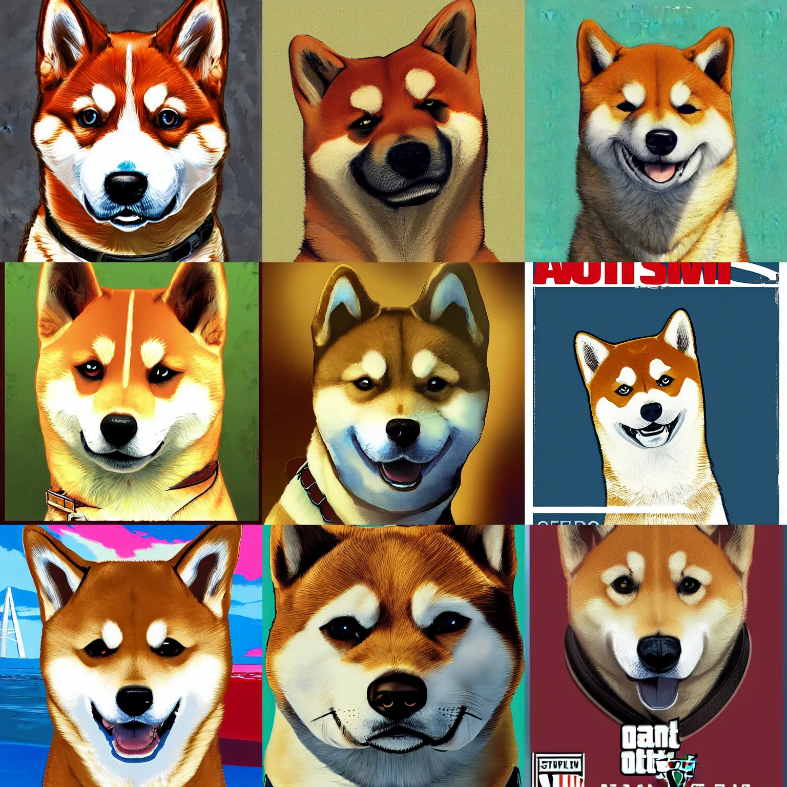 Prompt: portrait of a shiba inu,GTA V cover art by stephen bliss