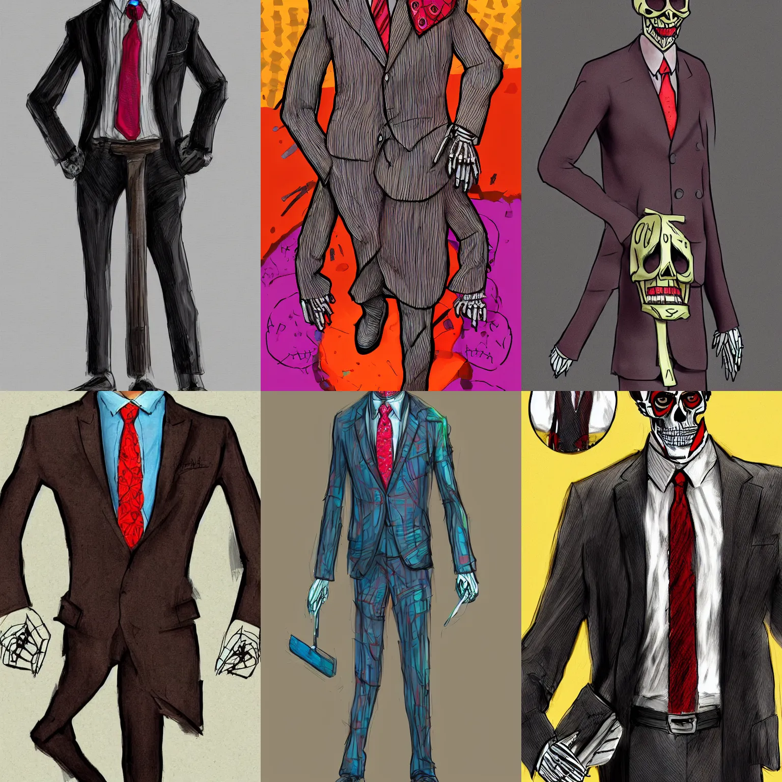 Prompt: a skeleton of saul goodman in a suit with a colorful tie, concept art, digital art, trending on artstation