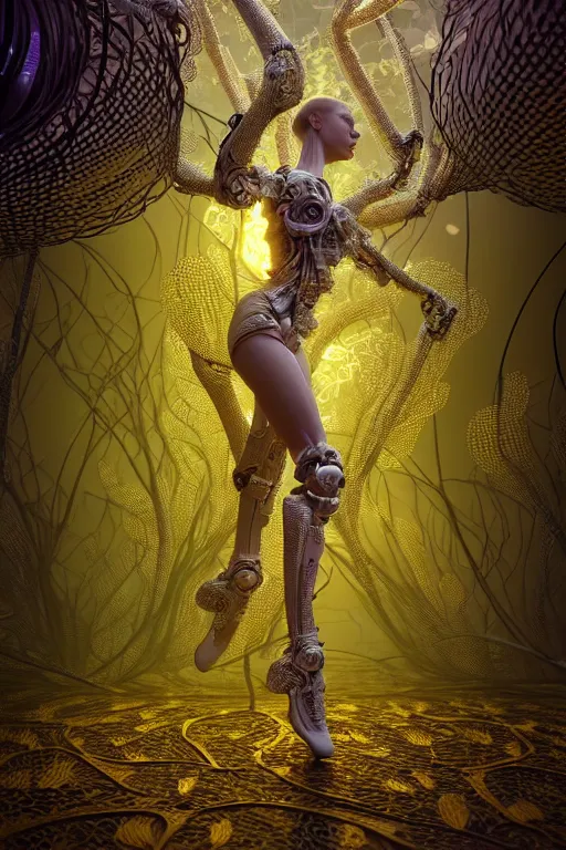 Image similar to intricate hyper detailed ultra sharp 3 d render, unity of mood, biomechanical cyborg ladies dancing, atmospheric, foliage, white large pore fungi, cyberpunk art nouveau, haute couture alexander mcqueen leaves stems colorful dahlias blooming transparent fractal filigree roots, intricate details, octane render, volumetric cinematic lighting, natural beautiful light, yellow infrared, lumiol, 8 k,