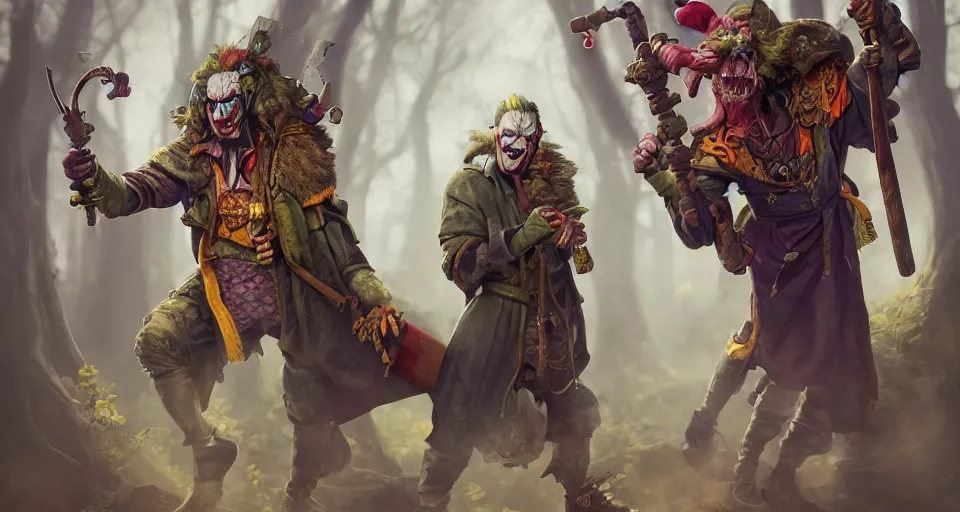 Prompt: robert de niro as medieval joker, crazy colorful clothing with a heavy golden mace in his left hand and a beer jug in his right hand, wandering through a forbidden forest, trending on artstation, 8k hyperrealistic, style of peter mohrbacher, octane render, unreal engine