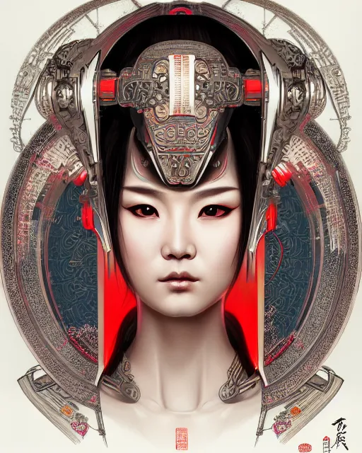 Image similar to portrait of a cyberpunk machine, machine face, upper half portrait, decorated with chinese opera motifs, asian, fine china, wuxia, traditional chinese art, intricate, elegant, highly detailed, symmetry, headpiece, digital painting, artstation concept art smooth sharp focus, illustration, art by artgerm and greg rutkowski alphonse mucha 8 k