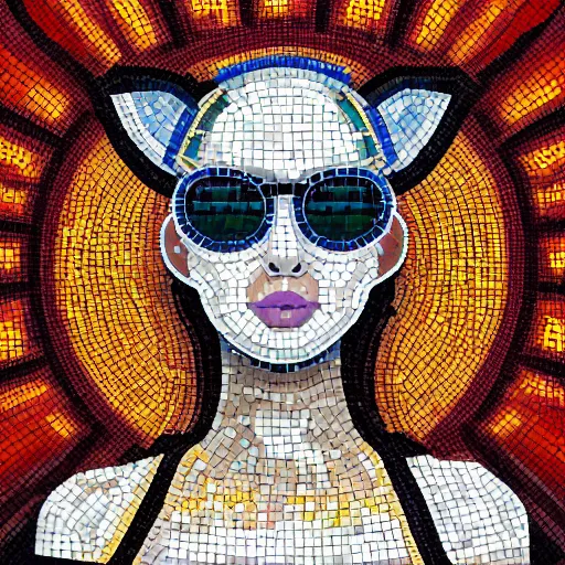 Image similar to mosaic portrait of a beautiful cute girl with robot ears, 4k, intricate details, digital, sun in the background