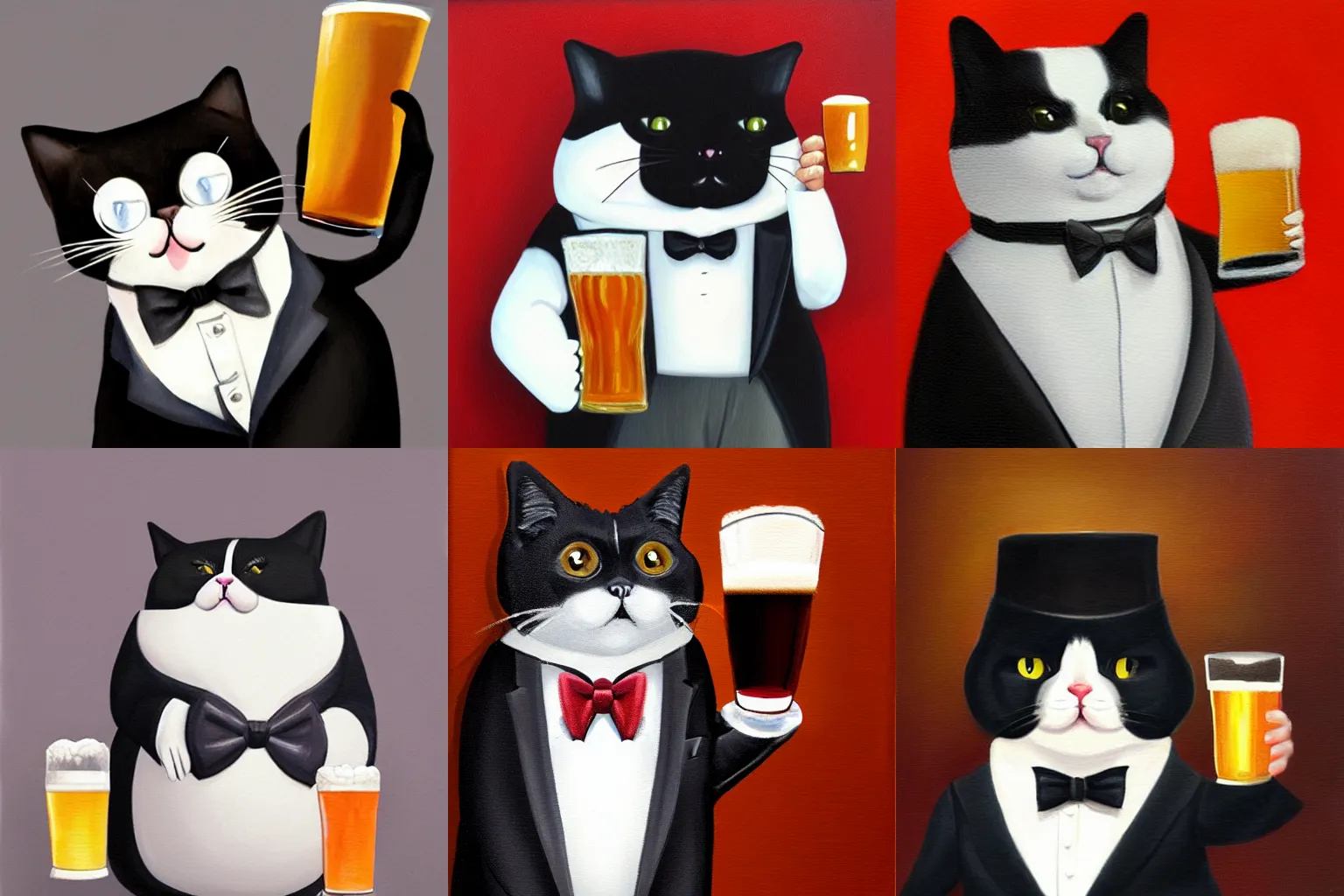 Prompt: fat finger cat in tuxedo holding a glass of beer, oil painting, artstation, drawing