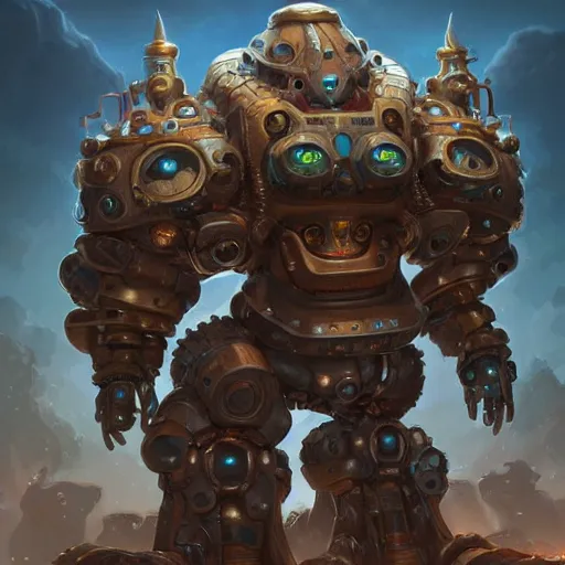 Image similar to an aetherpunk magical mechanical golem, forward facing angle, character design, art by Tooth Wu and justin gerard and Blizzard studios, post-processing, extremely hyperdetailed, intricate complexity, epic composition, masterpiece, trending on artstation