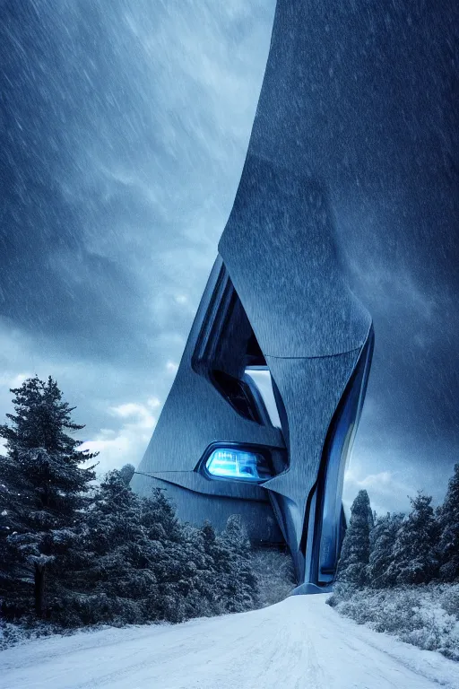 Image similar to a futuristic scene in front of a zaha hadid building in the forrest of the french alps in the style of chris moore, stormy weather with lightning, cinematic matte painting, extreme detail 8 k photo quality, dark moody colors, snowfall, featured on behance