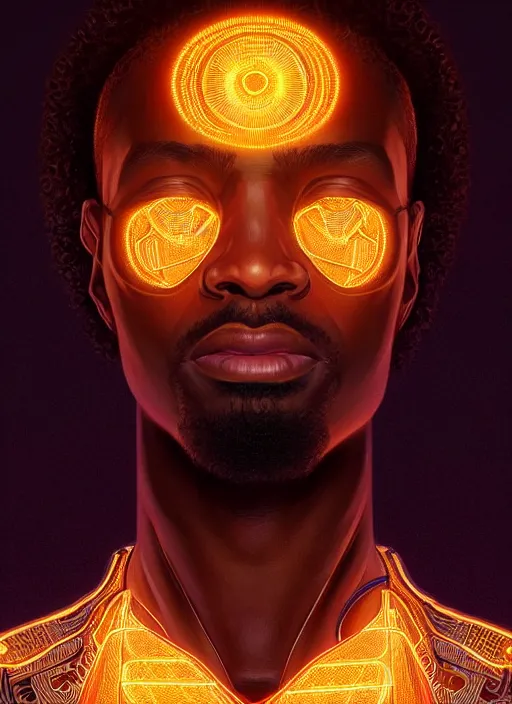 Prompt: symmetry!! portrait of african man warrior, curly hair, tech wear, glowing lights!! intricate, elegant, highly detailed, digital painting, artstation, concept art, smooth, sharp focus, illustration, art by artgerm and greg rutkowski and alphonse mucha