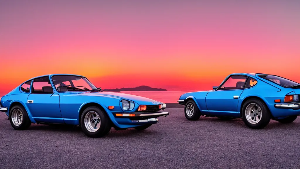 Prompt: synthwave datsun 2 4 0 z at sunset, 8 k. filling of the view