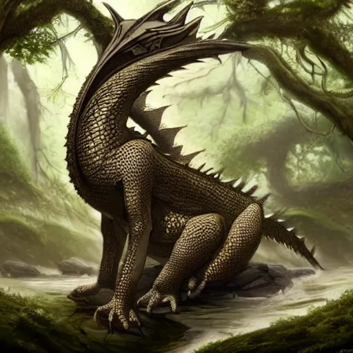 Image similar to a peaceful dragon idly standing in a forest, peacefully drinking river water, intricately defined, complexly detailed, robustly ordinated, artist concept art, artist interpretation, trending on artstation, digital art, 4 k quality