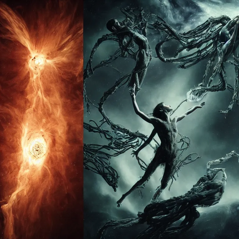 Image similar to still frame from Annihilation (2018) prometheus (2012) movie, dryad nymph sorceress flying through chaos nebula by caravaggio by giger by malczewski by marek okon, 4k wallpaper