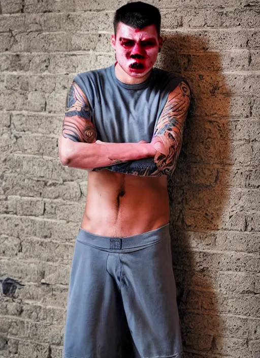 Image similar to a young man of 2 5 years old, with a bruised face and bruises, is standing in a doorway in a boxer's stance, casual clothing style, hairstyle red mohawk, cold colors, comics style, angry 8 k