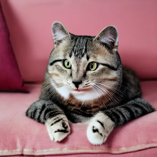 Image similar to a anthropomorphic cat with pink fur sitting on a couch