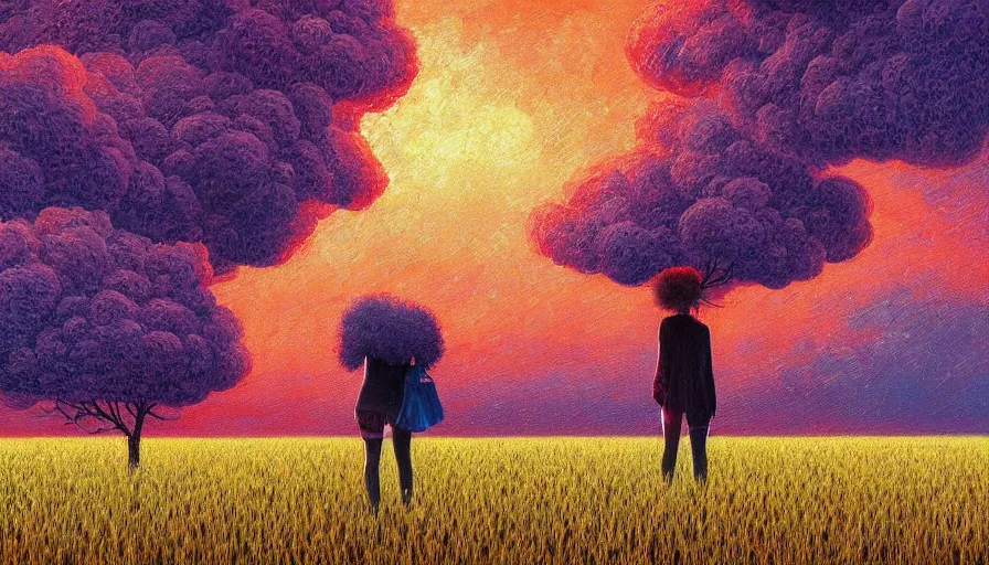 Image similar to giant red carnation afro head, full body, girl watching sunset, empty wheat field, surreal photography, colorful clouds, tree, impressionist painting, colorful clouds, digital painting, pointillism, artstation, simon stalenhag