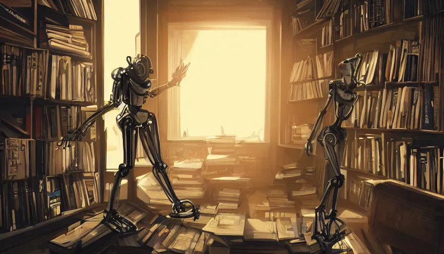 Prompt: a broken humanoid metal robot standing in library, surrounded by bookshelves, cold sunshine through window, botom view, digital illustration, cinematic composition, artstation