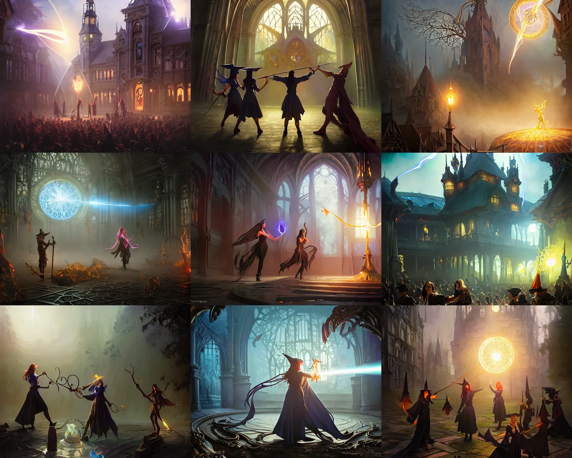 Prompt: strixhaven magic school university, sorcerer witch spectacular magic battle fight scene, fantasy building, intricate, sharp focus, lens flare, bloom, volumetric fog, rim light, illustration, highly detailed, digital painting, concept art, matte, art by wlop and artgerm and greg rutkowski and alphonse mucha, masterpiece, 8 k