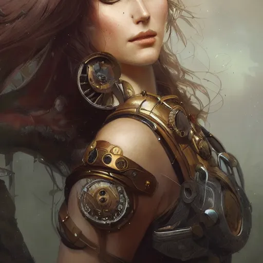 Image similar to a beautiful portrait of a steampunk goddess, a detailed painting by greg rutkowski and raymond swanland, featured on cgsociety, fantasy art, detailed painting, artstation hd, photorealistic