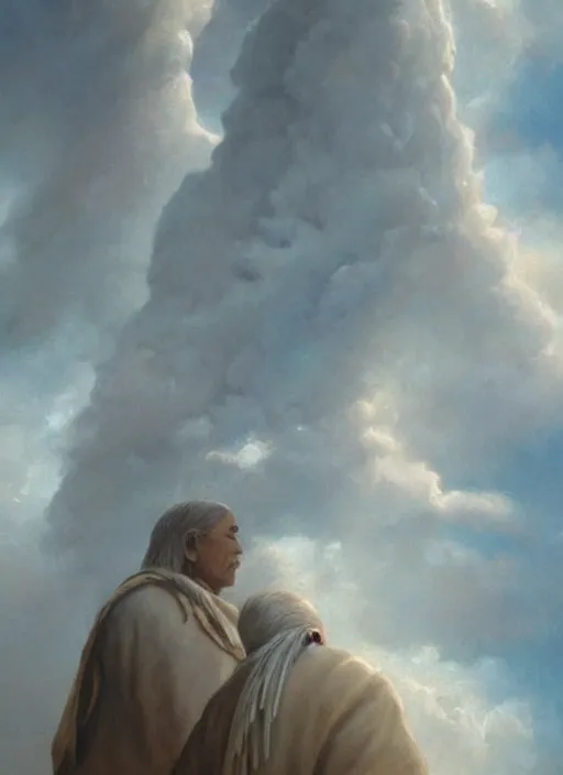 Prompt: faces of old indigenous people made of clouds in the sky, ancestors, protection, benevolence, art by christophe vacher