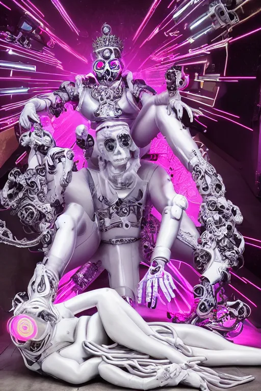 Prompt: full-body rococo and cyberpunk style neon statue of a young attractive portugues macho dotado e rico android sim roupa reclining con piroca dura, glowing white laser eyes, prince crown of pink gears, diamonds, swirling silver-colored silk fabric. futuristic elements. full-length view. space robots. human skulls. intricate artwork by caravaggio. Trending on artstation, octane render, cinematic lighting from the right, hyper realism, octane render, 8k, depth of field, 3D