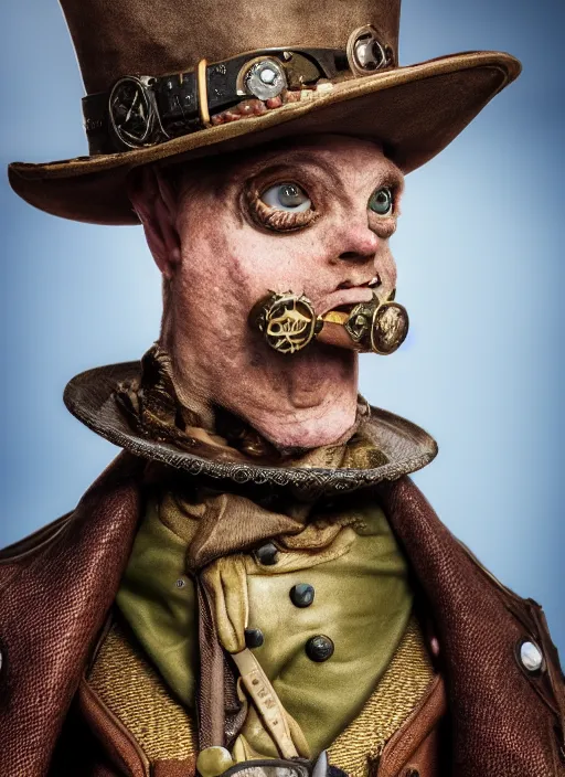 Image similar to closeup portrait of a steampunk medieval goblin wearing a top hat and goggles, depth of field, zeiss lens, detailed, symmetrical, centered, fashion photoshoot, by Annie Leibovitz and Steve McCurry, David Lazar, Jimmy Nelsson, Breathtaking, 8k resolution, extremely detailed, beautiful, establishing shot, artistic, hyperrealistic, beautiful face, octane render