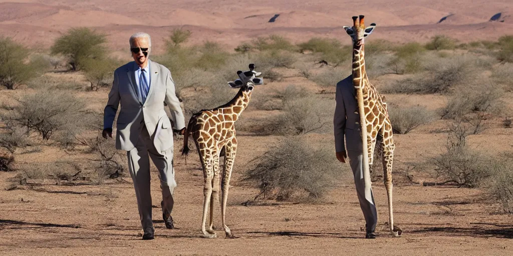 Prompt: Joe Biden in a giraffe suit , walking in the desert