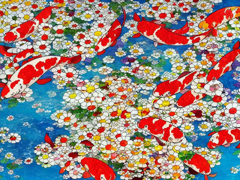 Prompt: colorful koi carp, illustration, concept art, colorful, beautiful, studio ghibli, takashi murakami, aoshima chiho, manga, cute and adorable