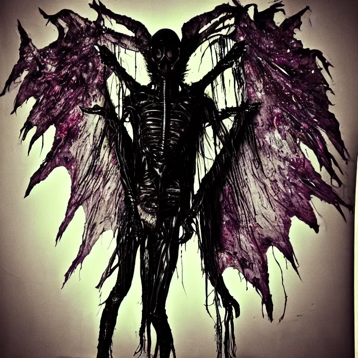 Image similar to a dark artistic photo of an alien creature with crazy wings, liminal eerie midnight backlit, big budget horror, a polaroid photo, bleeding decaying colors!