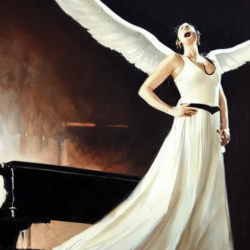 Image similar to Painting by Greg Rutkowski, an opera singer in a white dress with wings on stage