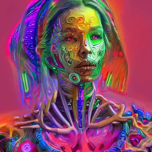 Image similar to extremely psychedelic cyborg queen of lsd. intricate, elegant, highly detailed, lifelike photorealistic digital painting, artstation.