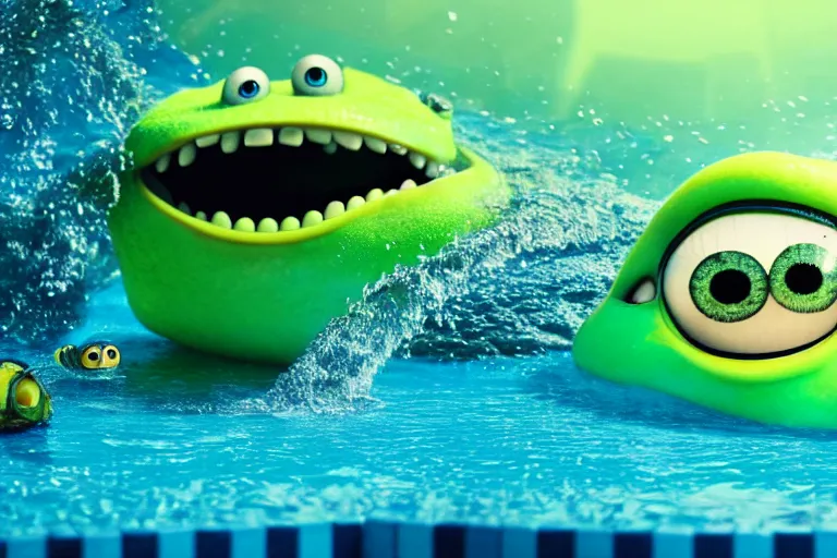 Image similar to diorama of mike wazowski swimming in a giant pool of gatorade, setting is bliss wallpaper, realistic, 4 k, detailed, atmospheric, cinematic lighting, octane render, unreal engine render, ray tracing lighting