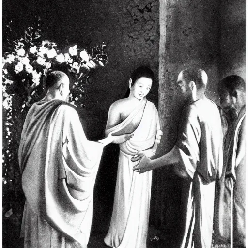 Image similar to Jesus Christ the groom marrying Buddha the bride, wedding photo