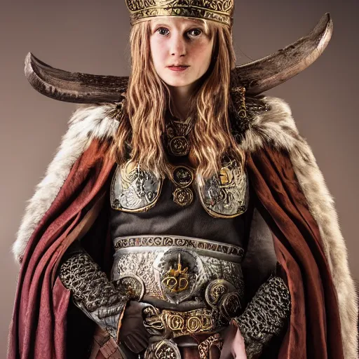 Image similar to beautiful Viking queen with ornate cloak, highly detailed, 4k, HDR, smooth, sharp, focus, hyper realistic, high resolution, award-winning photo