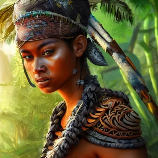 Prompt: hyperrealistic tribal warrior in front of a jungle landscape, happy appearance, cheerful vibe and lighting, cgsociety, artstation, in the style of artgerm