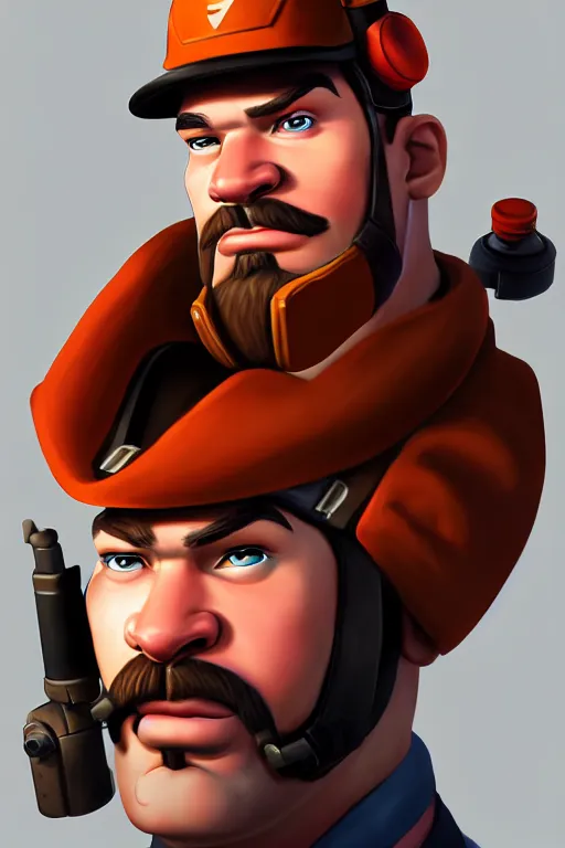 Image similar to beautiful highly detailed realistic stylized character portrait team fortress 2 engineer, detailed character art master portrait, trending on artstation