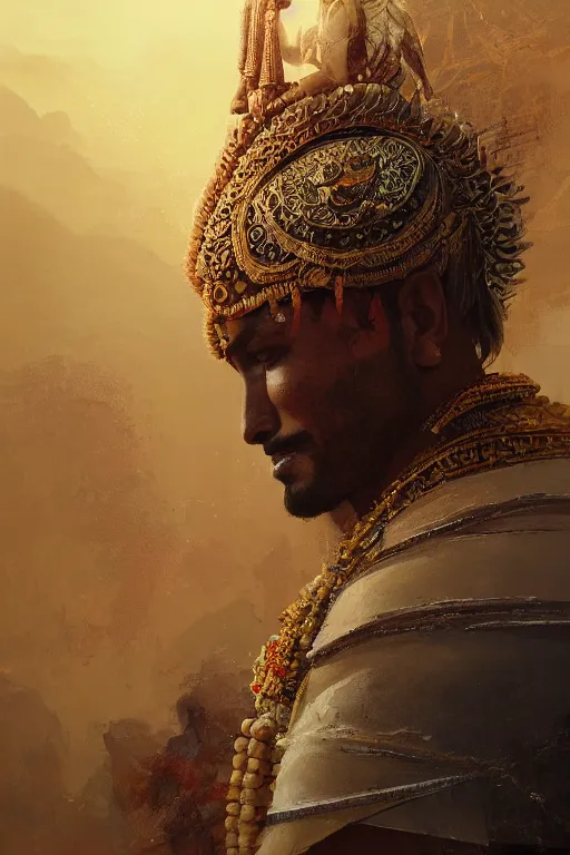 Image similar to indian god, close - up portrait, powerfull, intricate, elegant, volumetric lighting, scenery, digital painting, highly detailed, artstation, sharp focus, illustration, concept art, ruan jia, steve mccurry